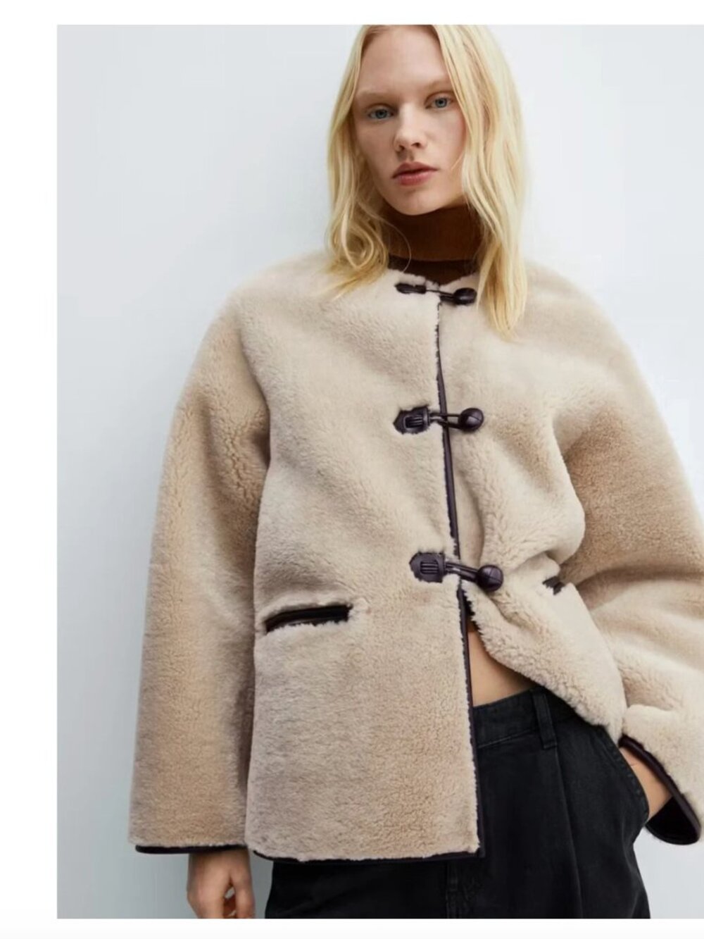 Mango MNG Bethoven Cream Teddy Faux Shearling Jacket with Black Trim Size M